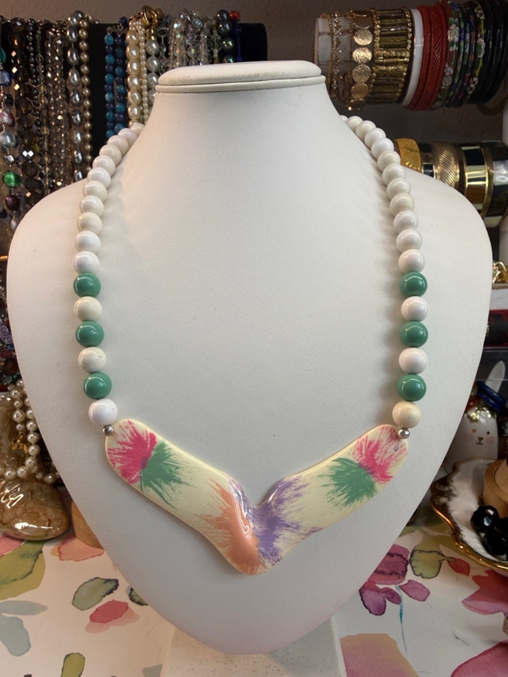Vintage 80’s Spatter Paint White and Mint Beaded Statement Necklace